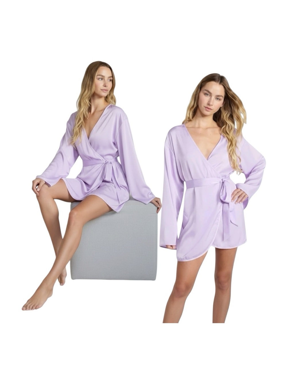 No Boundaries Lavender Short Wrap Robe Heart Pockets Self-Tie Belt